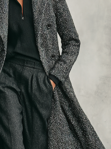 Abrigo largo de doble botonadura para mujer con cuadro de espina de pescado minimalista de mezcla de lana MDA1875I1Y