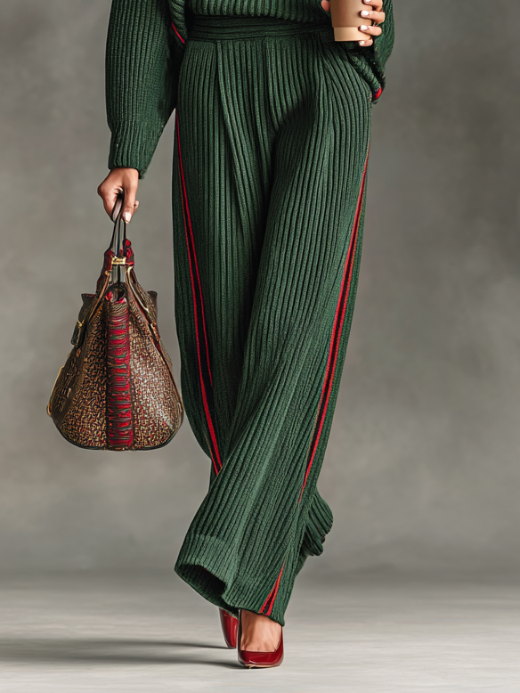 Conjunto de Suéter de Cuello Alto con Ribete Rojo y Pantalones Rectos de Punto para Mujer MDA2420I4Y