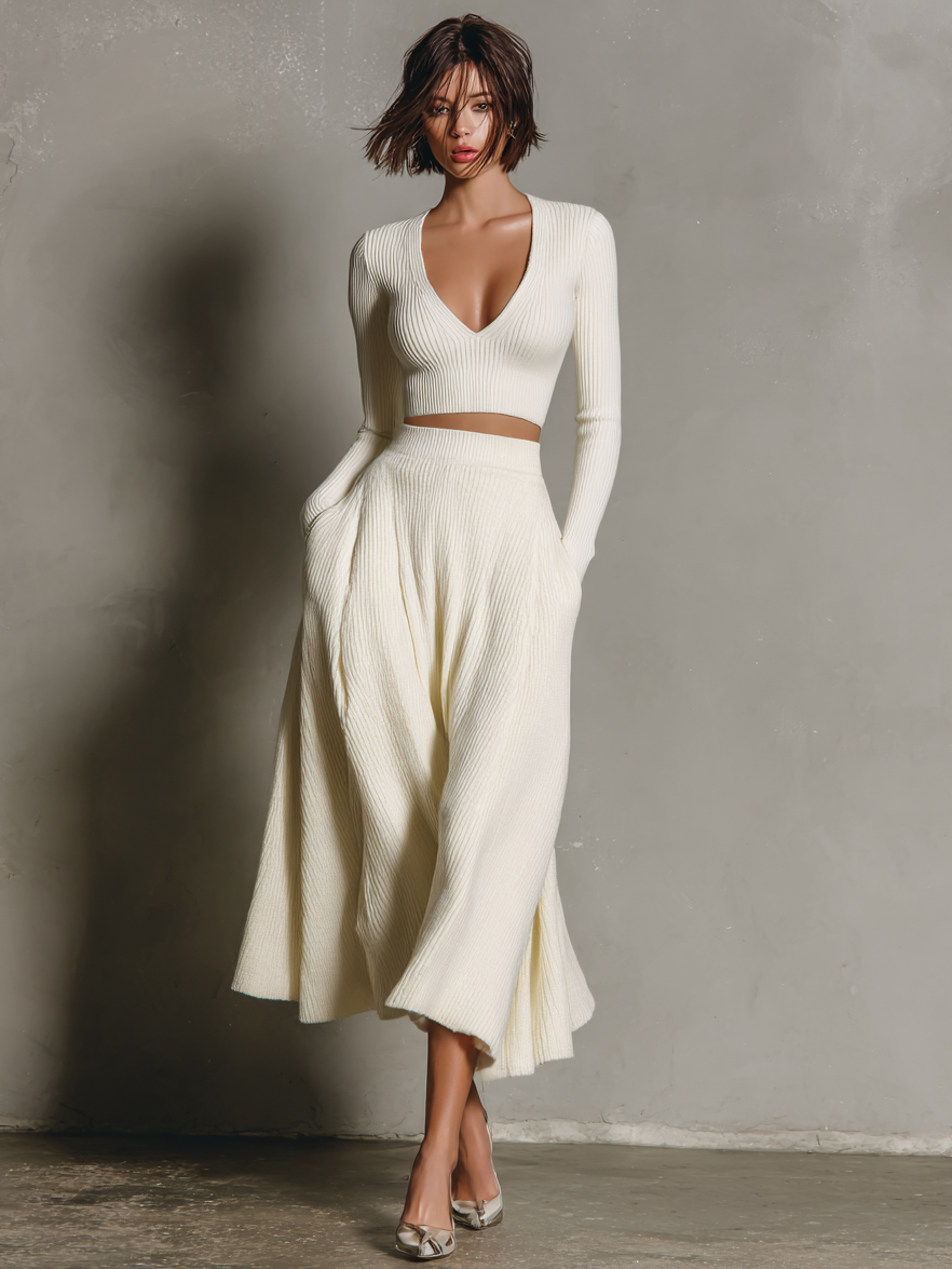 Conjunto de suéter corto y falda de punto de color sólido para mujer con cuello en V MDA2156J3Y