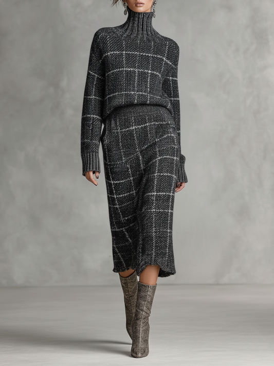 Conjunto de falda y suéter de cuello alto tejido minimalista de cuadro jacquard para mujer MDA1682J4Y