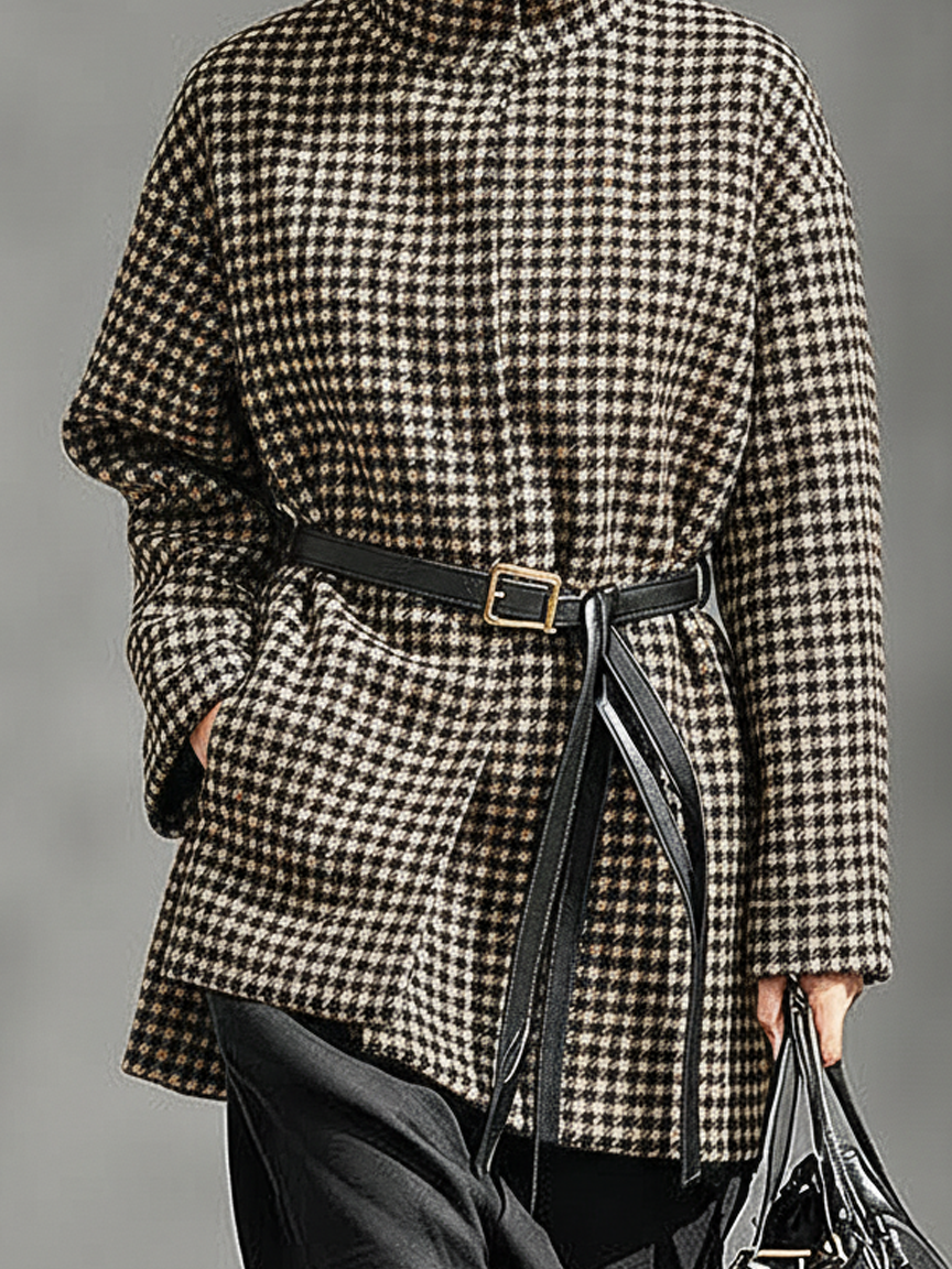 Abrigo para mujer de mezcla de lana con estampado de espiga, cuello alto, cinturón y largo medio MDA1781J4Y