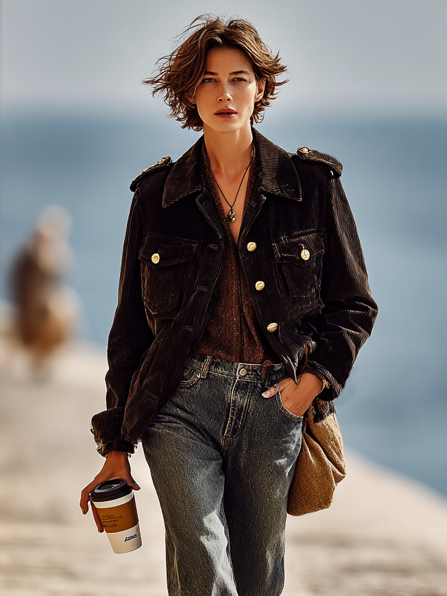 Chaqueta de mujer minimalista suelta de pana con hombreras y cierre sencillo MDA2858I2Y