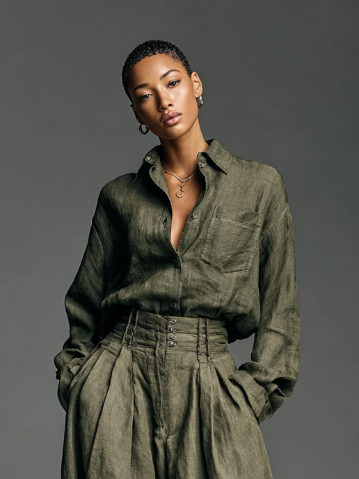 Conjunto de dos piezas para mujer, camiseta de manga larga de mezcla de algodón y lino, pantalones de pierna ancha