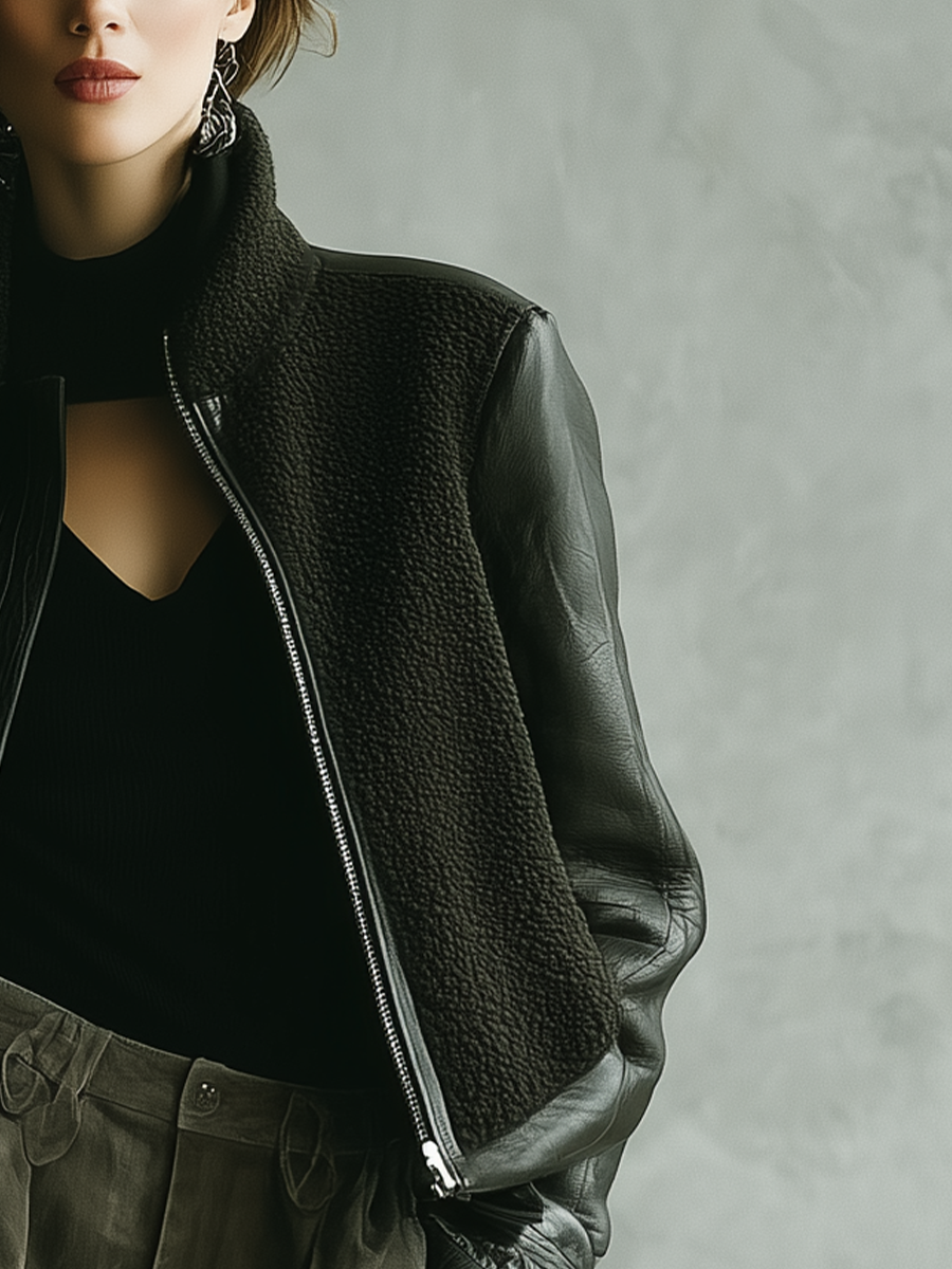 Chaqueta de mujer negra con paneles de sherpa y poliéster con cuello alto MDA1752J8T