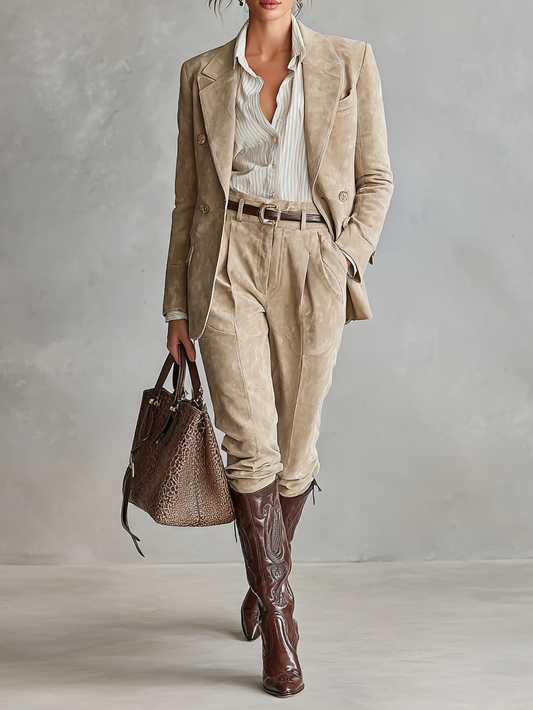 Conjunto de blazer holgado y pantalones rectos de ante sintético para mujer MDA2733H9Y