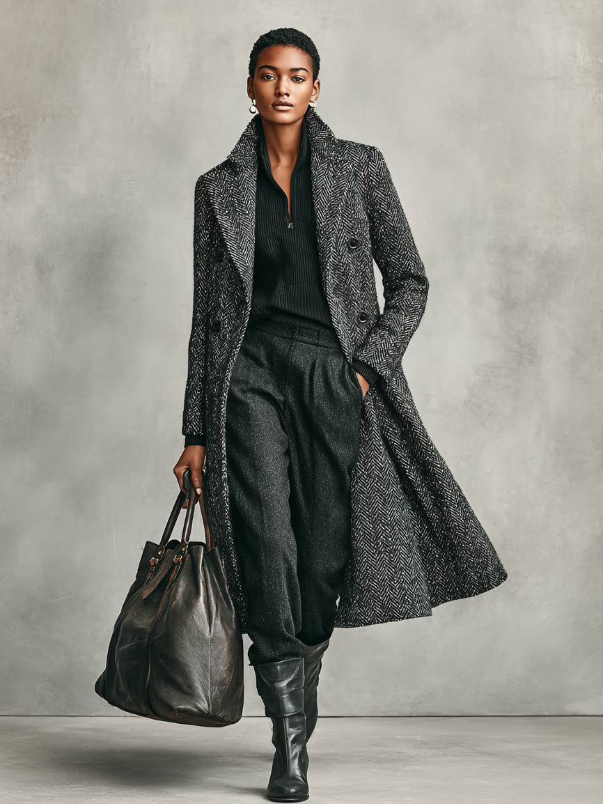 Abrigo largo de doble botonadura para mujer con cuadro de espina de pescado minimalista de mezcla de lana MDA1875I1Y