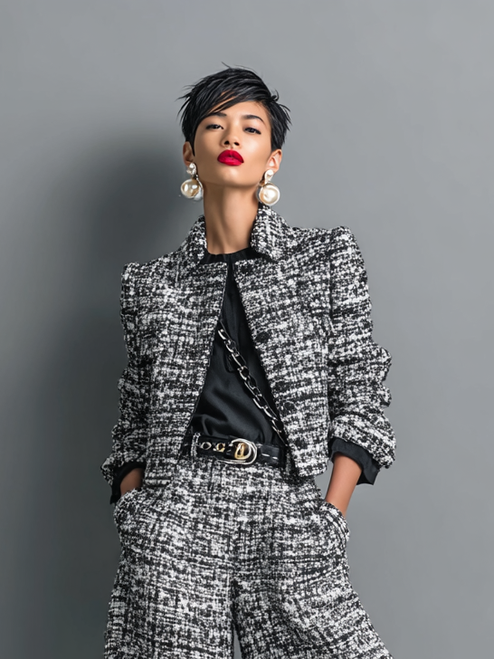 Conjunto de chaqueta corta de mezcla de tweed de mujer con solo botón y pantalones de pierna ancha MDA2589H6Y