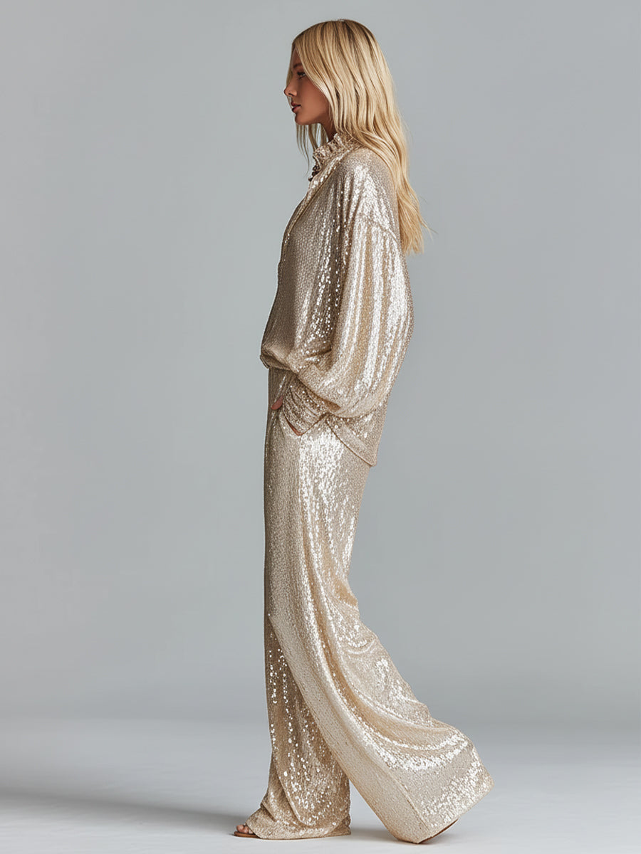 Conjunto de moda para mujer en oro brillante con cuello de lentejuelas, media cremallera, pantalones anchos y cómodos para fiesta MDA2425I0I