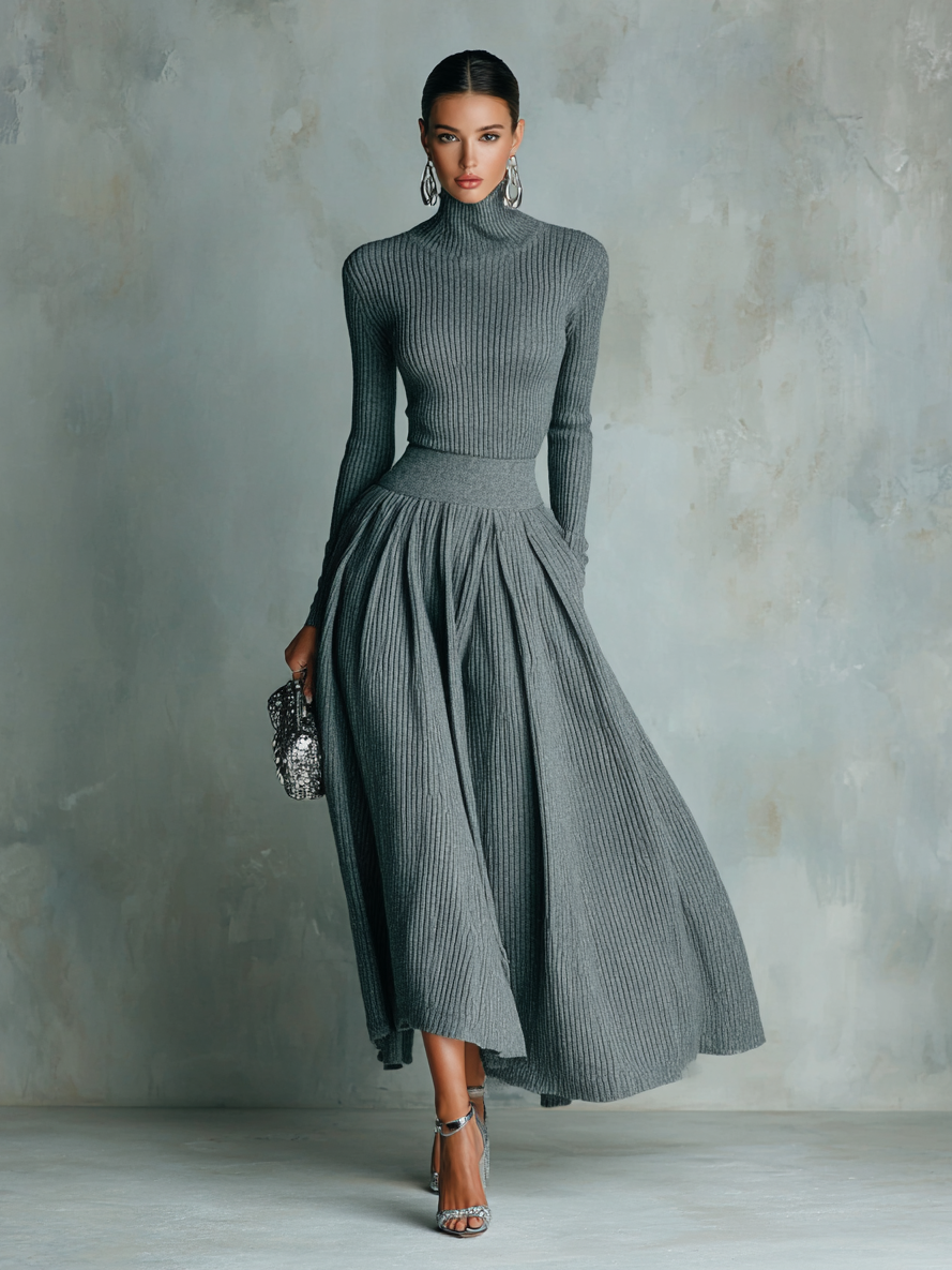 Conjunto de suéter de cuello alto y falda de punto de color sólido para mujer MDA2117J4Y