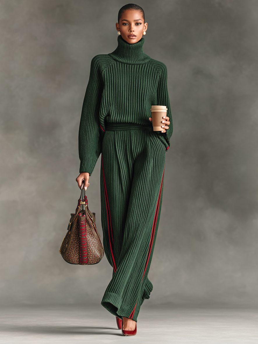 Conjunto de Suéter de Cuello Alto con Ribete Rojo y Pantalones Rectos de Punto para Mujer MDA2420I4Y