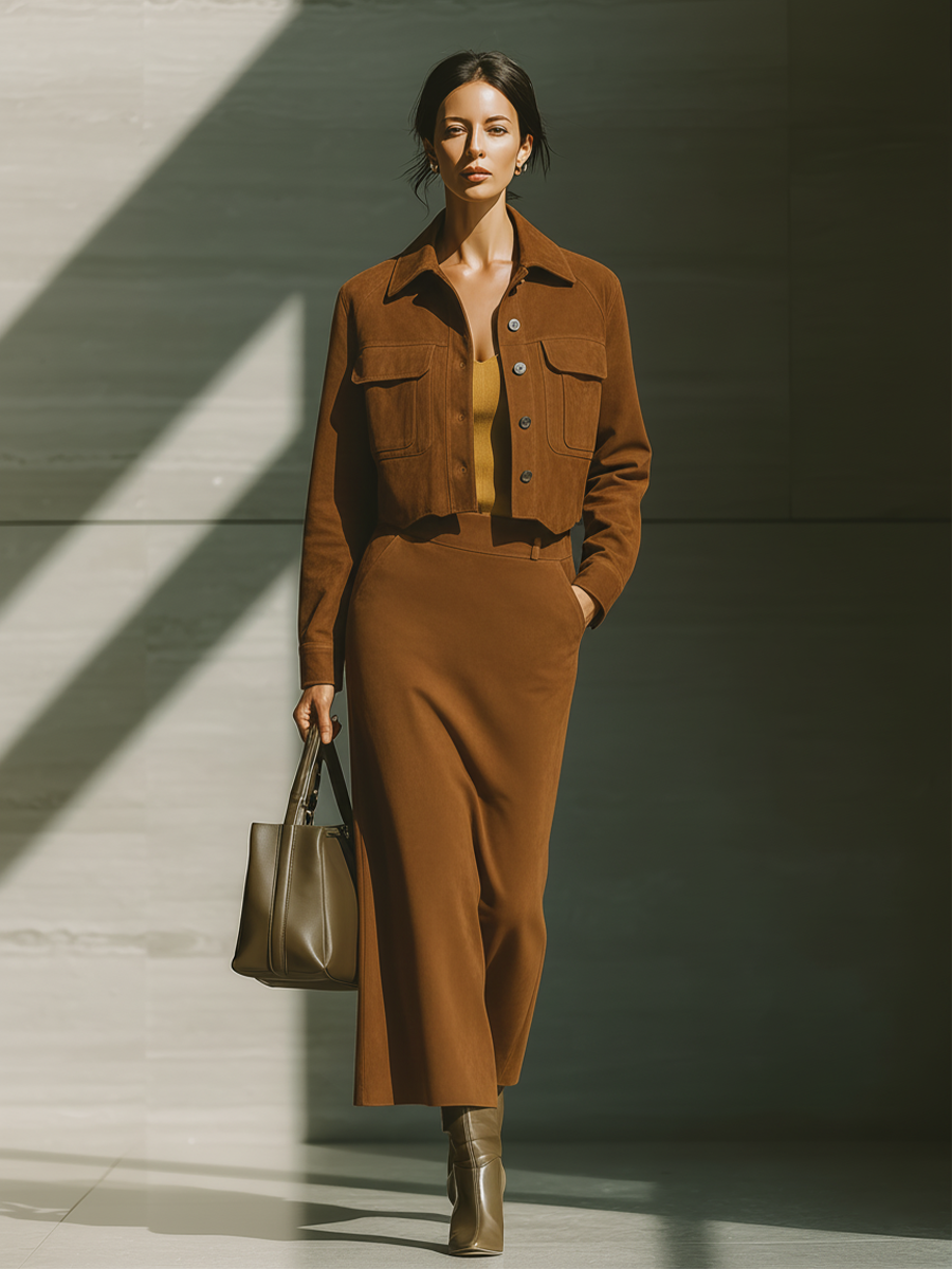 Conjunto de chaqueta corta de ante sintético color caramelo para mujer y falda de tiro alto MDA1649J2T