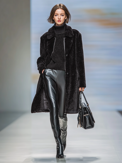 Abrigo de mujer de felpa con efecto de piel sintética, con solapa, de un solo pecho y de longitud media MDA1008J3Y