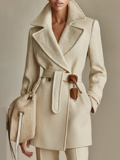 Abrigo de mujer en color beige claro y entallado hecho de mezcla de lana con cinturón MDA1555J2I