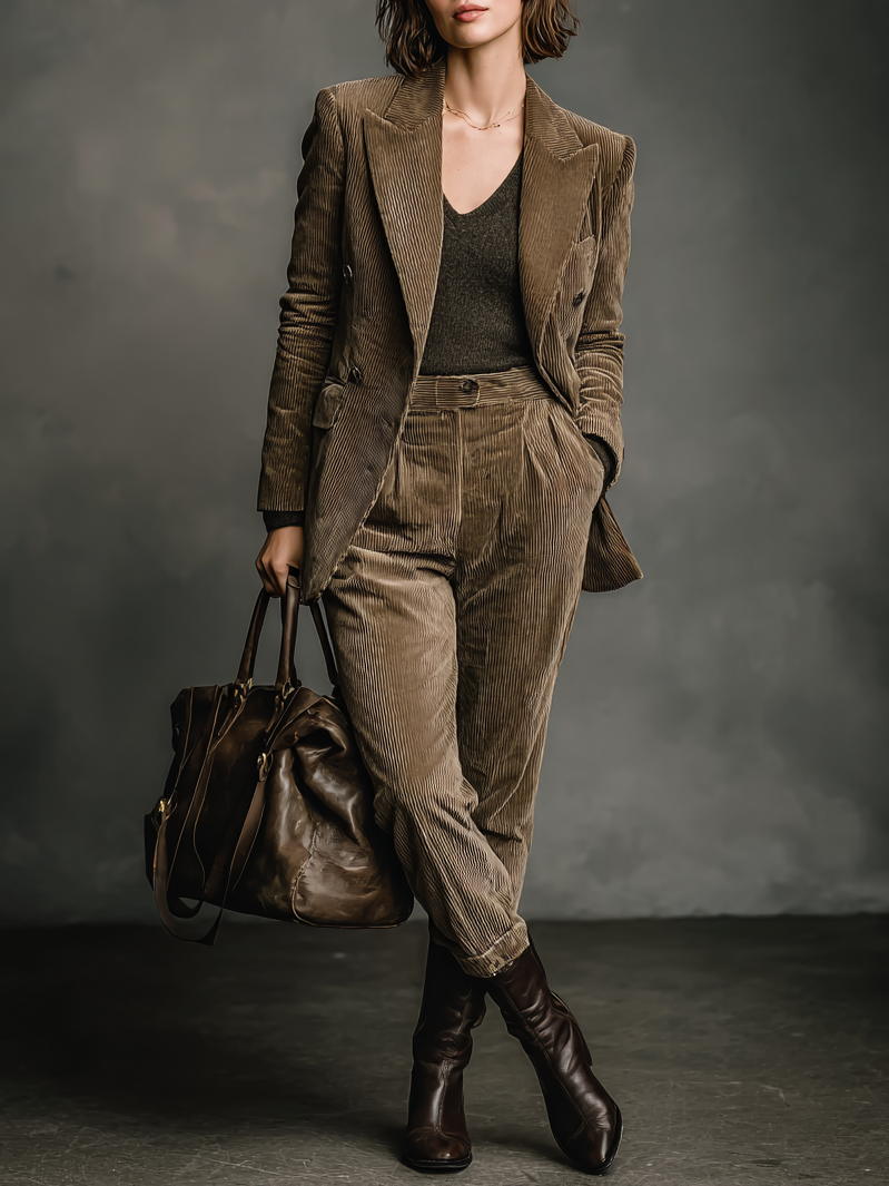 Conjunto de chaqueta de traje de mujer con cuello de pico de pana suelto y pantalones rectos MDA2715H4Y