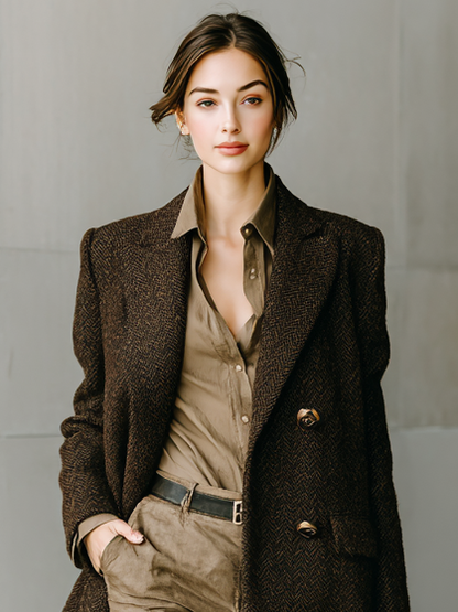 Abrigo largo de mujer de lana en mezcla con rayas minimalista de espina de pescado con doble botonadura MDA1887I7Y