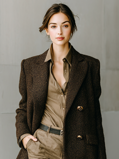 Abrigo largo de mujer de lana en mezcla con rayas minimalista de espina de pescado con doble botonadura MDA1887I7Y