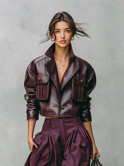 Chaqueta de mujer suelta de doble pecho con bolsillo y botón en PU sintético MDA1666I2Y