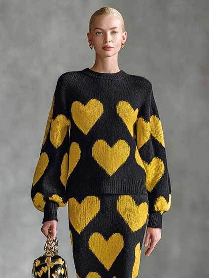 Conjunto de sudadera y falda de punto con corazón jacquard de mujer con cuello redondo MDA1599J8Y