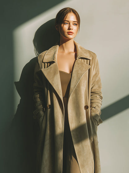 Abrigo de Dama Beige Elegante de Ante Con Doble Botonadura MDA2096J2I
