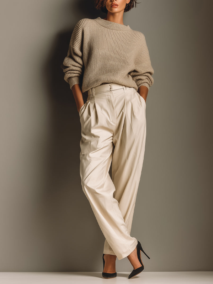 Conjunto de suéter clásico de punto beige oversize para mujer y pantalones de pliegues de talle alto MDA1754J9I