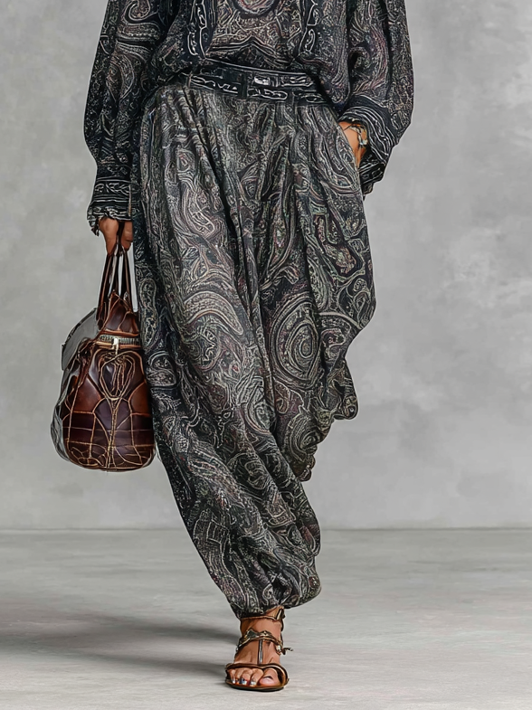 Conjunto de dos piezas para mujer, camisa de manga larga con cuello alto y estampado cachemira vintage, pantalones