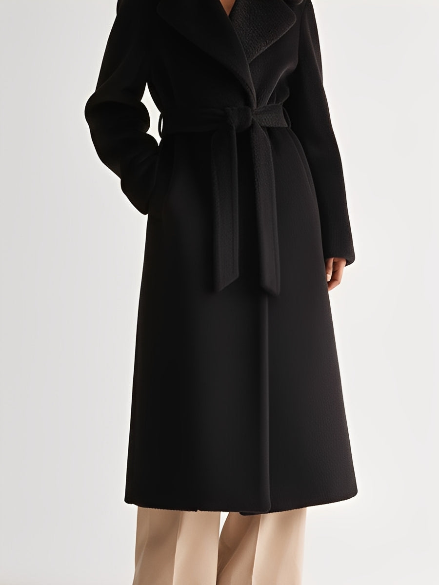 Abrigo de mujer negro de lana con cuello amplio y cinturón de atar, estilo minimalista elegante MDA2342J8I
