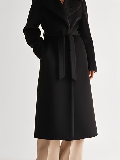 Abrigo de mujer negro de lana con cuello amplio y cinturón de atar, estilo minimalista elegante MDA2342J8I