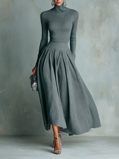 Conjunto de suéter de cuello alto y falda de punto de color sólido para mujer MDA2117J4Y