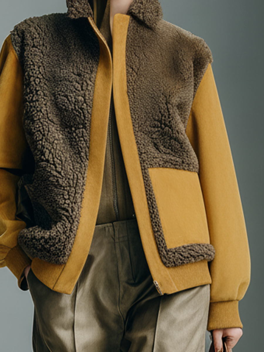 Chaqueta para mujer de ante sintético marrón oscuro y mostaza con cuello alto Sherpa MDA1703J8T