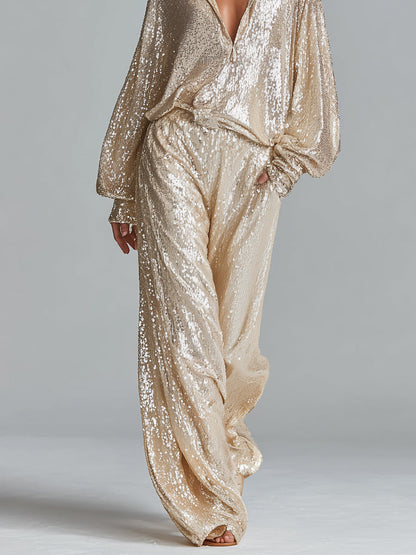 Conjunto de moda para mujer en oro brillante con cuello de lentejuelas, media cremallera, pantalones anchos y cómodos para fiesta MDA2425I0I