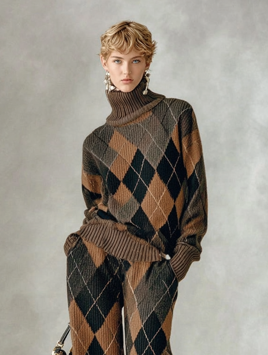 Conjunto de Suéter de Cuello Alto y Pantalones Rectos de Jacquard Argyle para Mujer MDA1596J6Y