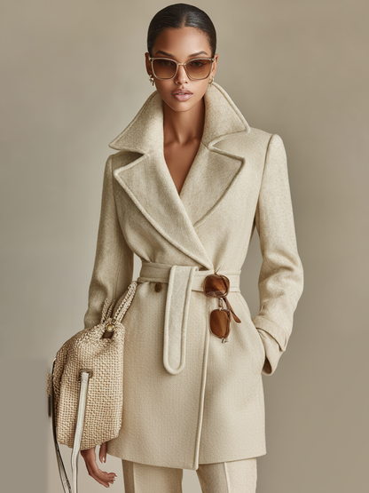 Abrigo de mujer en color beige claro y entallado hecho de mezcla de lana con cinturón MDA1555J2I