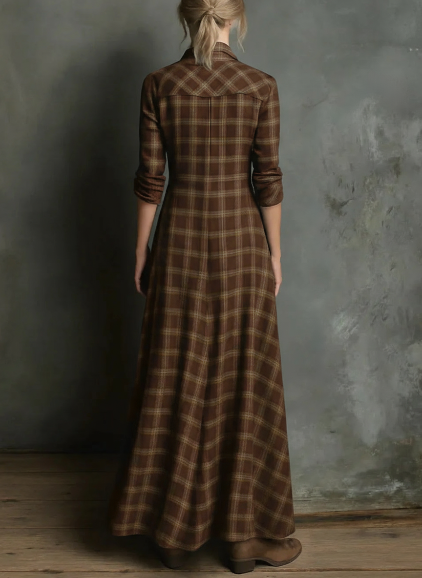 Karina| Vestido largo a cuadros marrón