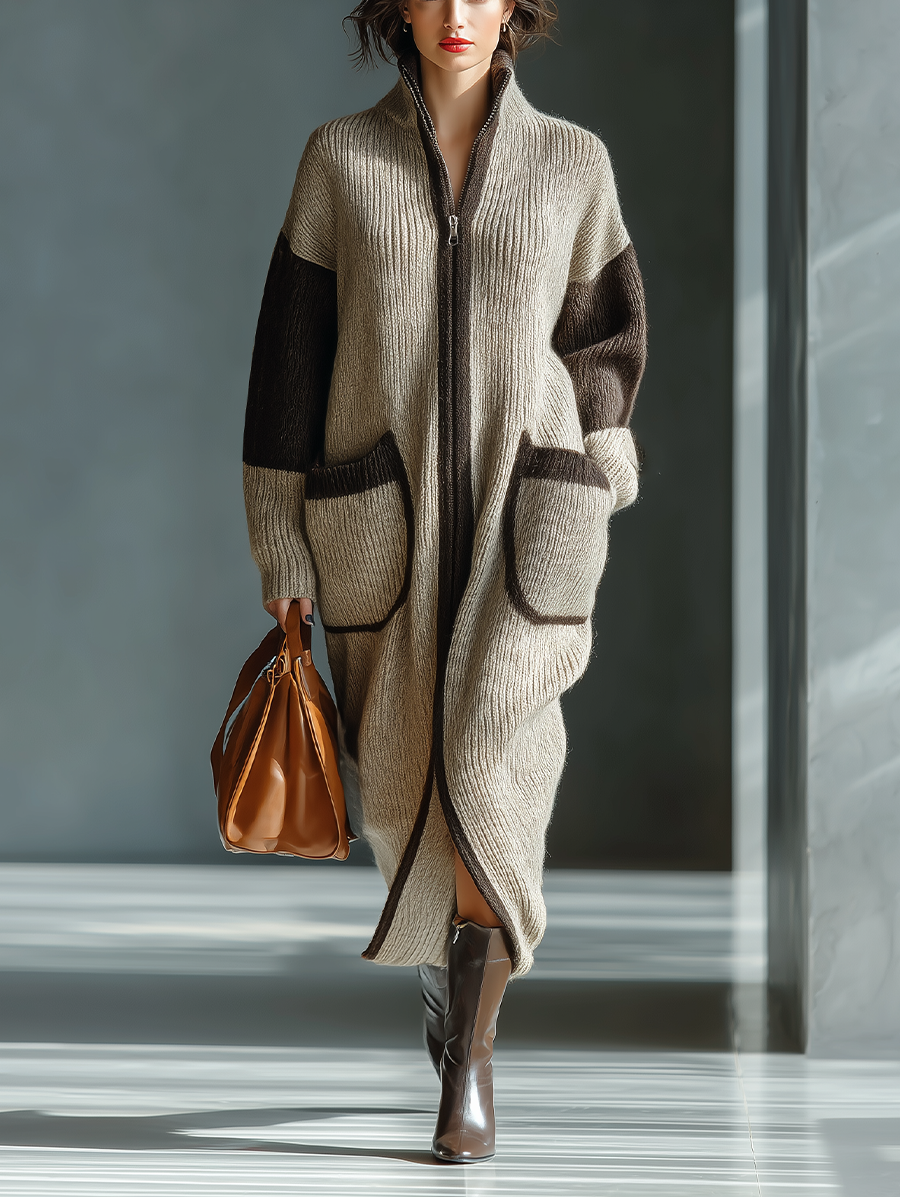 Cárdigan para mujer beige y marrón con cremallera y contraste en punto MDA2053J5T