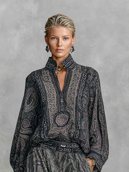 Conjunto de dos piezas para mujer, camisa de manga larga con cuello alto y estampado cachemira vintage, pantalones