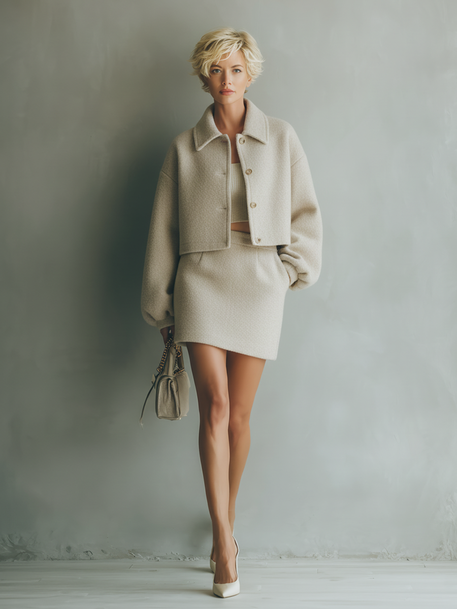 Conjunto de Chaqueta Corta y Falda de Mezcla de Lana Blanca para Mujer MDA1684J4T