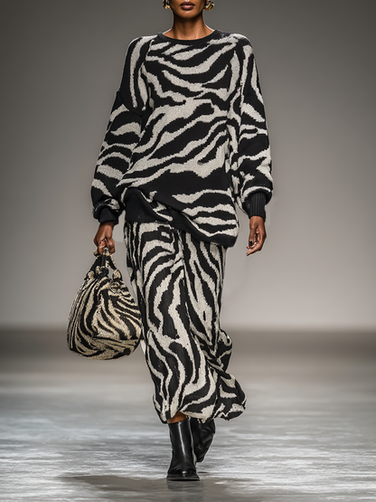 Conjunto de falda y suéter de punto suelto para mujer con patrón de cebra y cuello redondo MDA1492J0Y