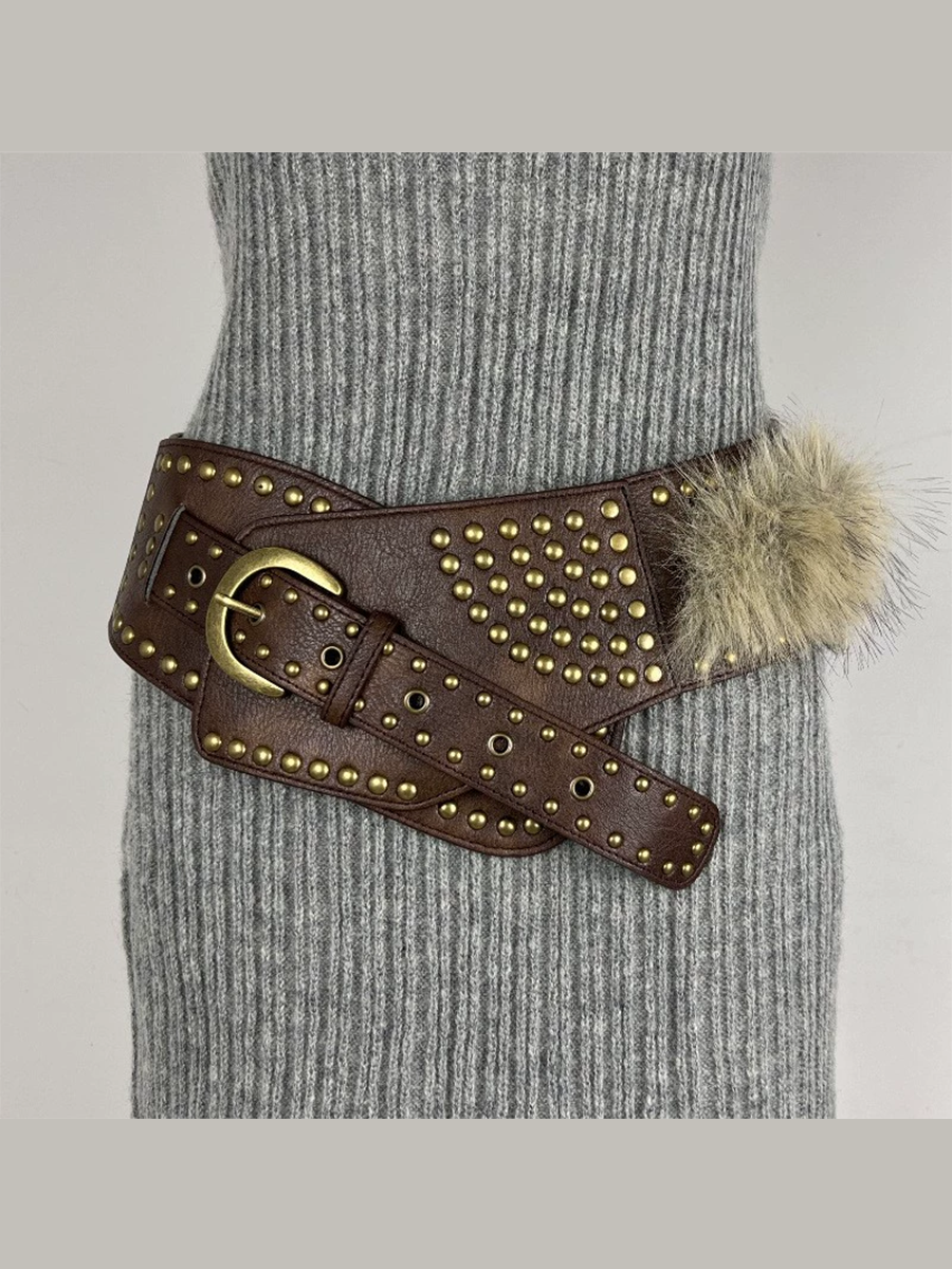 Cinturón de piel sintética vintage para mujer con pelo, cinturón versátil de cuero sintético MDA0480H9T