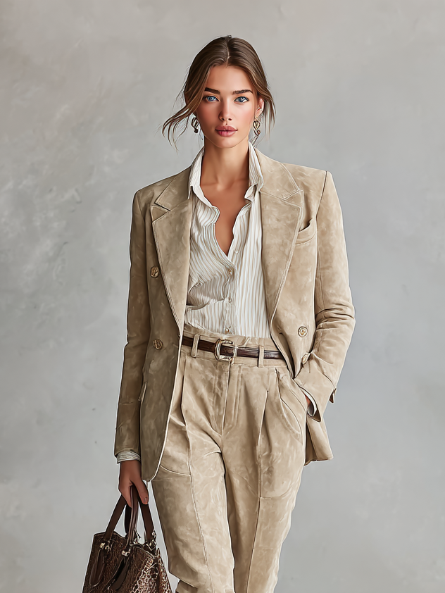 Conjunto de blazer holgado y pantalones rectos de ante sintético para mujer MDA2733H9Y