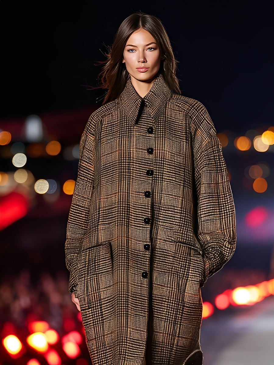Abrigo Oversized de Mujer en Muestra de Cuadros Marrón con Mezcla de Lana, Frente de Botones y Cuello Camisa, Estilo Retro Chic MDA2465J4I