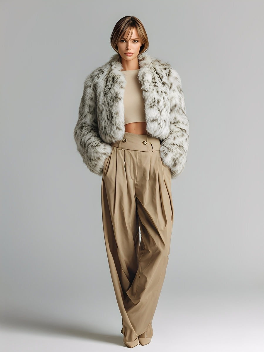 Chaqueta moderna de pelaje sintético ancho gris-blanco para mujer, con cuello grande y cropped MDA1783J7I