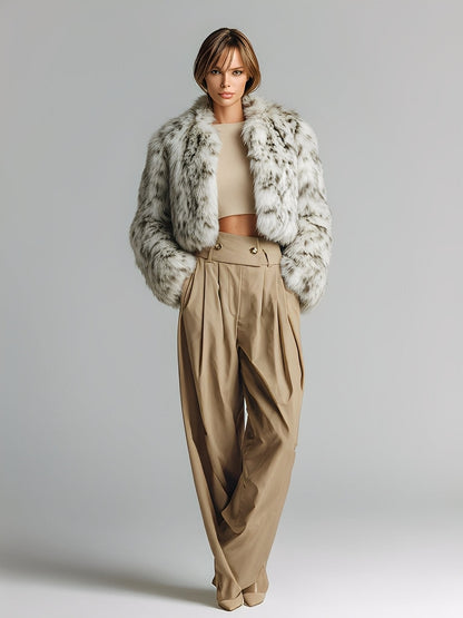 Chaqueta moderna de pelaje sintético ancho gris-blanco para mujer, con cuello grande y cropped MDA1783J7I