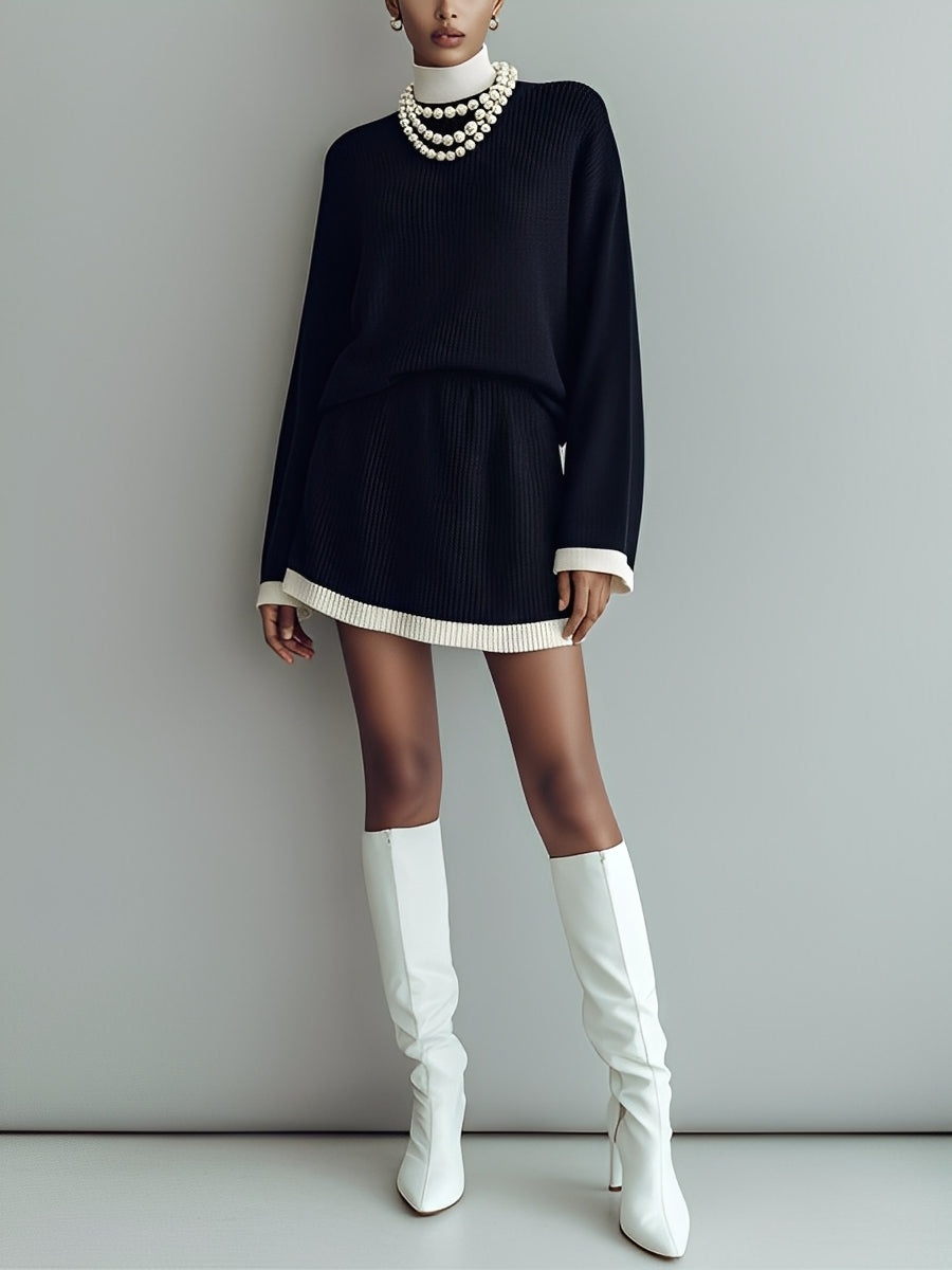 Conjunto de Suéter Mini de Punto en Negro y Blanco para Mujeres, Contraste y Detalle Elegante MDA1328J8I