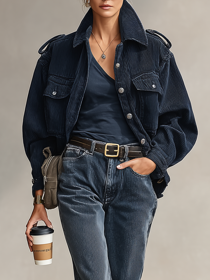 Chaqueta de mujer de pana suelta de un solo botonadura con anillas epaulette MDA2877I7Y