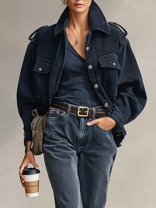 Chaqueta de mujer de pana suelta de un solo botonadura con anillas epaulette MDA2877I7Y