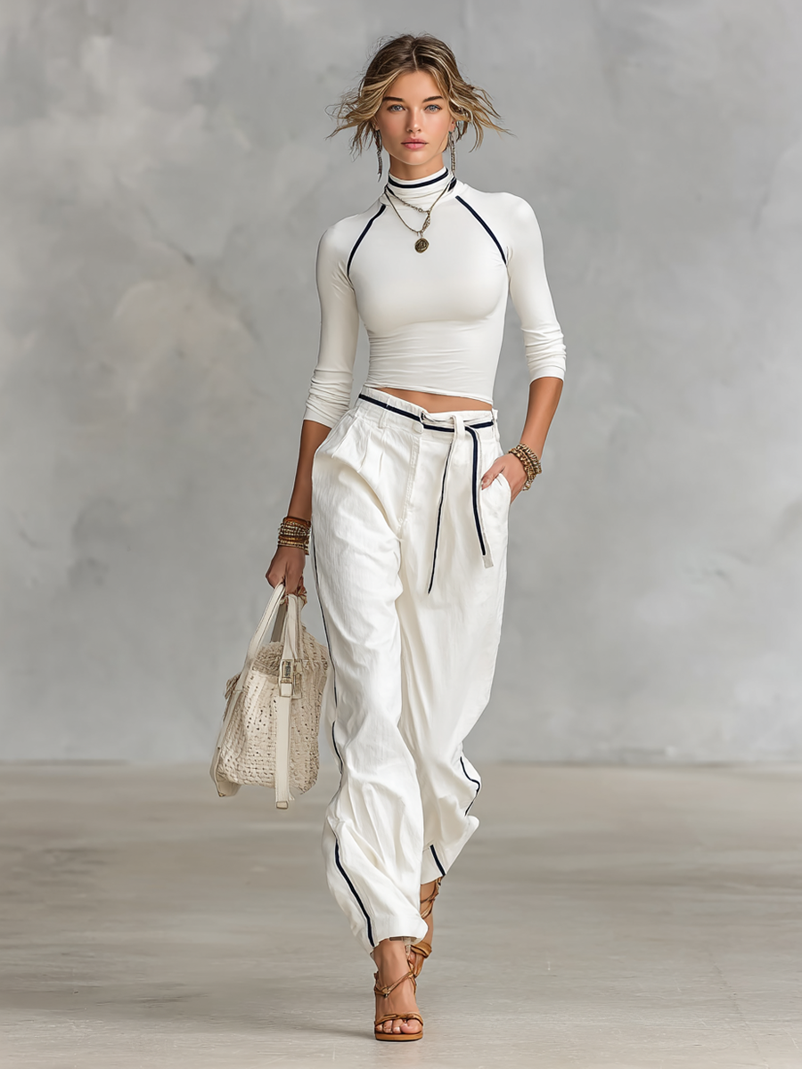 Conjunto de Dos Piezas para Mujer, Camiseta de Manga Larga Casual de Cuello Medio y Pantalones Rectos