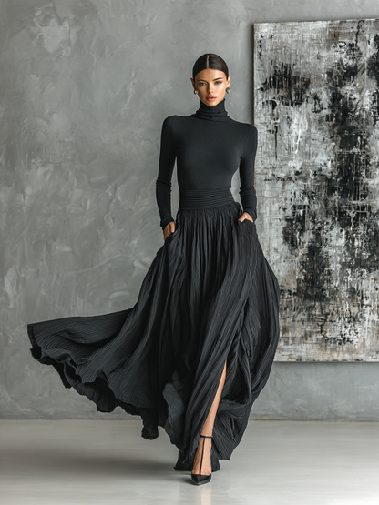 Conjunto de moda femenina en negro con camiseta de cuello alto ajustada y falda plisada MDA1366H1Y