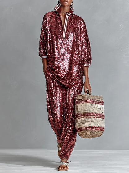 Conjunto de ropa de descanso para mujer, burdeos glamoroso con lentejuelas a rayas, con borde, talla grande MDA3059I3I