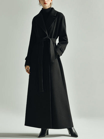 Abrigo Maxi de Mujer en Lana Negra Elegante con Solapa en Punta y Cinturón en la Cintura, Estilo de Lujo Atemporal MDA2480J6I
