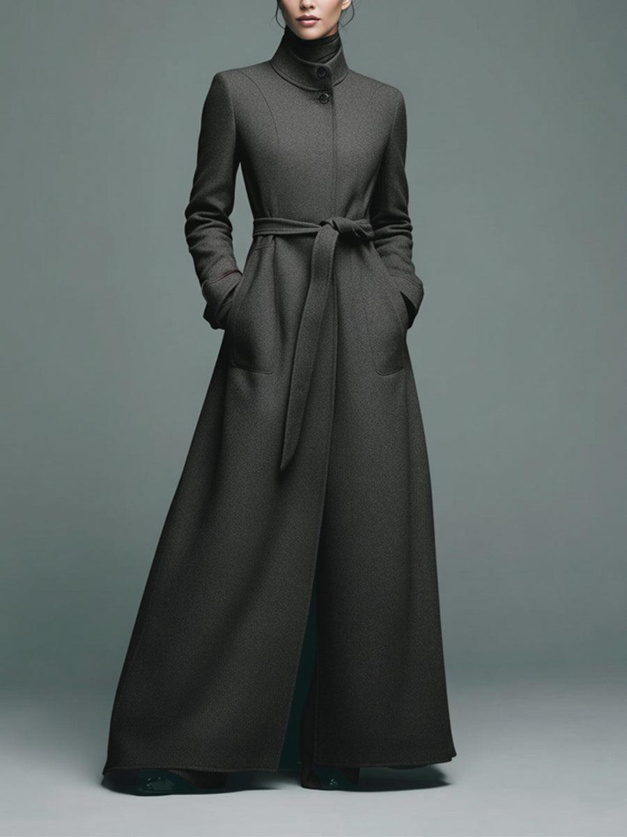 Capa larga para mujer en gris elegante de mezcla de lana con cuello tipo stand y cinturón MDA2470J6I